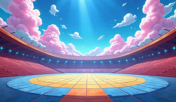 Create a background inspired by the Dragon Ball Z Other World Martial Arts Tournament arena, using references commonly found online. The scene should capture the interior of the tournament stage, including the iconic tiled fighting platform, vibrant clouds...