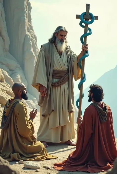 Moses holding a cross cane , A snake is wrapped around that cane,The snakes face is facing here , three men kneel and worship, Light Background ,A steep road