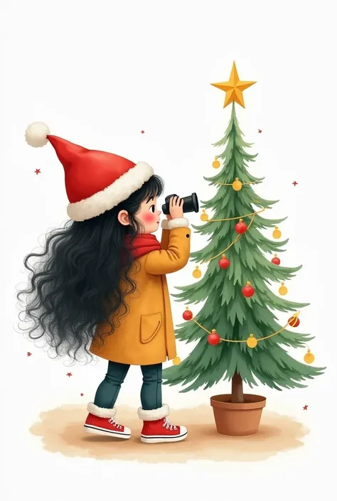 Create a minimalist, watercolor, Super cute, delicate and quirky, full ad, book style image of Ren, Blush cheeks, and long, voluminous black curly hair with Christmas hat. She is happily standing next to a delicate Christmas tree in the living room, lookin...