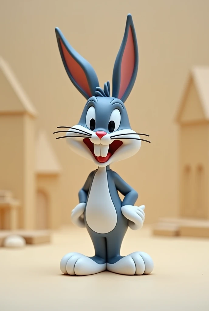 Bugs Bunny:
"A toy-like figure of Bugs Bunny with a cartoonish but collectible appearance, . The figure is glossy and posed mid-smirk, set against a neutral background."
