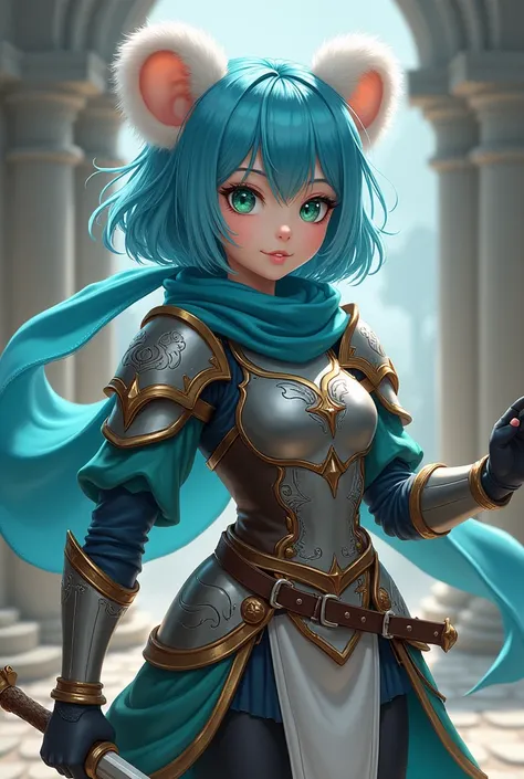  anime style , green eyes, blue hair, panda ears, man, medieval armor with a blue scarf, Humanoid panda, twink