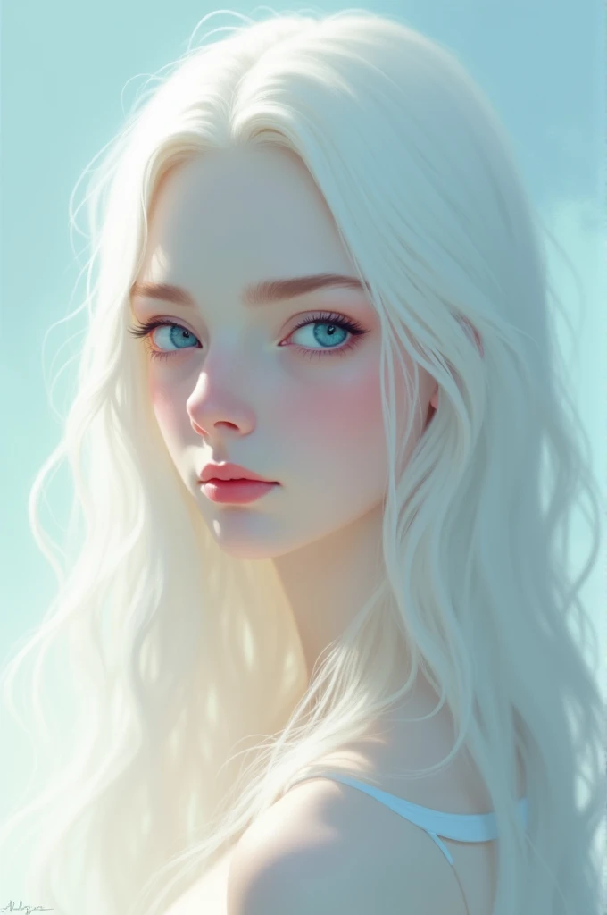 A girl having white long hair and light sky blue eyes 