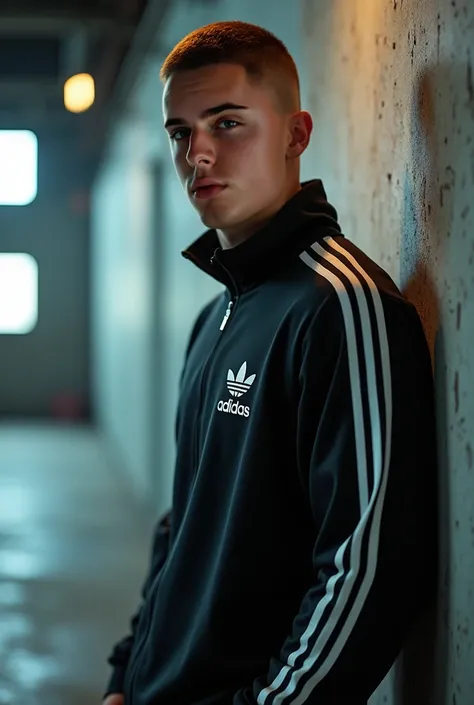     anatomically correct , In total, black hood,  sporty Adidas tracksuit ,  Full body,((A handsome man,  short modern straight buzzcut haircut    ,  male model in modern clothes ,  leaning against a wall in an industrial building, Full bodyporträt sinnlic...