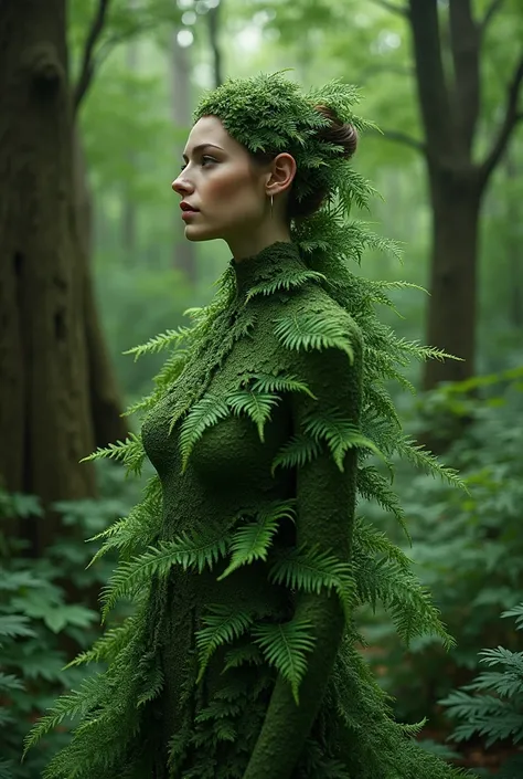 A beautiful female figure with a realistic human face, her body made of fern fronds, standing in a dense forest. Hyper-realistic photography. 