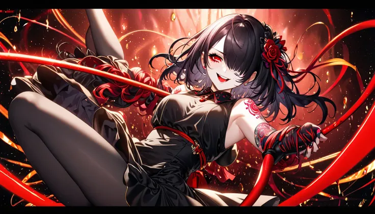  beautiful women,  yandere, Hair on one eye, A lustful and lascivious face, Cunning,  smirking , LOL,  sadistic , Dead Eyes,  dark circles under eyes, compensate,  full of tattoos , Large percentage, Red Thread, Gold Thread, Shiny Black Rubber , whip,  Bac...