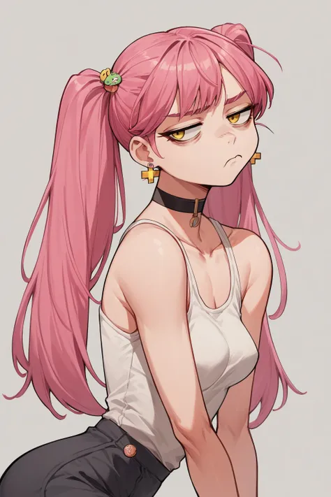 1 girl, yellow eyes, Twintails hair, long hair, pink hair, medium breast, medium ass, Bobby pins, choker, bored facial, earrings