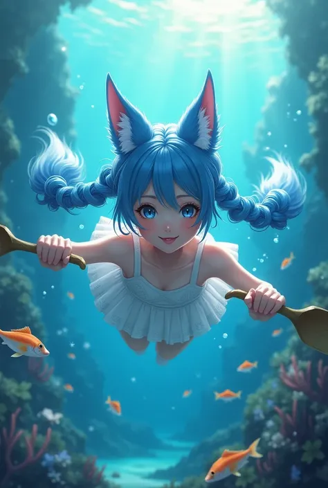 Girl with blue fox ears and two-pronged braids,Underwater.paddle