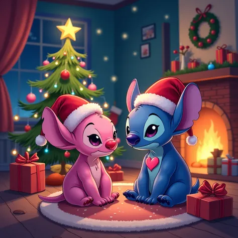 A vibrant and magical Christmas scene featuring two cartoon alien-like characters inspired by Disney animation, with pink and blue tones. One has a heart on its chest and is clearly in love with the other. The characters are designed in a style reminiscent...