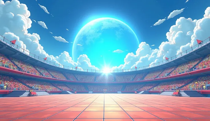 Create a background inspired by the Gran Kaios Planet map from Dragon Ball Z Budokai Tenkaichi 3. The scene should capture the interior of the tournament stage, including the iconic tiled fighting platform, the vibrant clouds, the floating bleachers, and t...