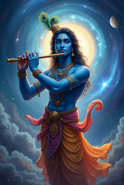 Lord krishna with mor pankh and flute in universe