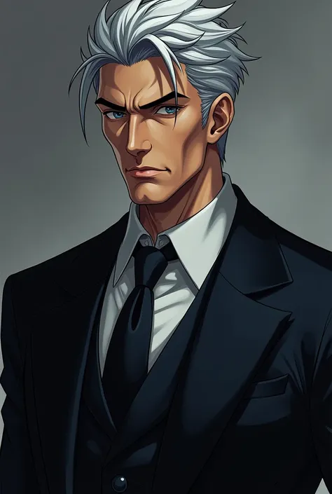 Here’s the refined description based on your request:

A man aged 36-40 with black-and-white hair, sharp chiseled features, and piercing eyes that exude authority. His calm demeanor and intense gaze create an overwhelming aura of power, making others feel ...