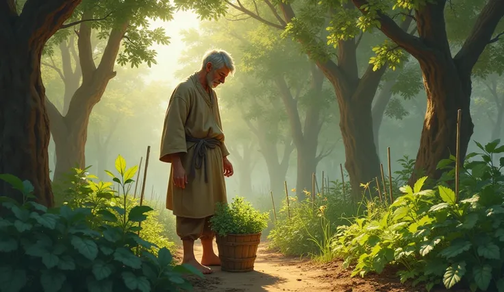 man in a brown robe picking vegetables in a wooden basket