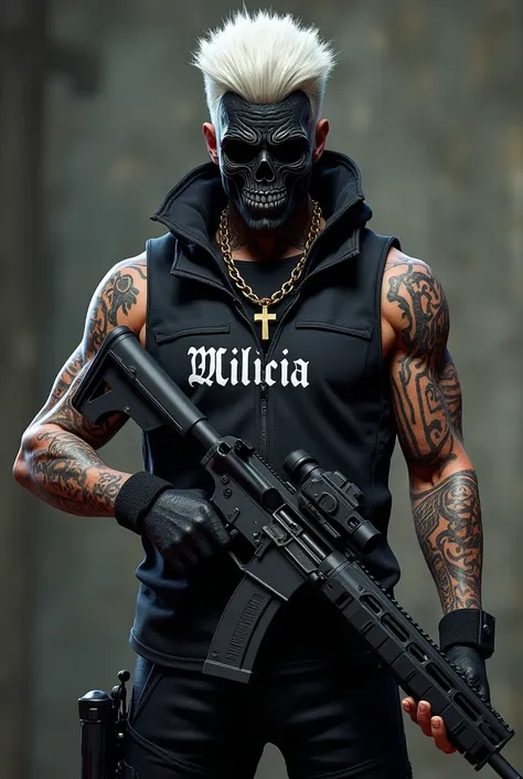 A white-haired 3D male character wearing a black skull mask is tattooed wearing a black vest written MILICIA and holding a rifle and in the background written GTAv.