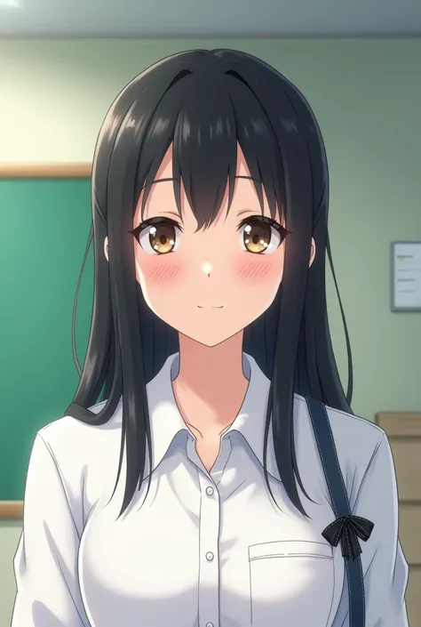 A female high school student with straight black hair, dark eyes, and a white shirt with a black ribbon on the right!!Show me only the upper body from the front as if she were smiling while watching