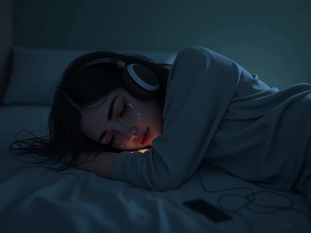 Girl with a sad face crying listening to music lying on her side 