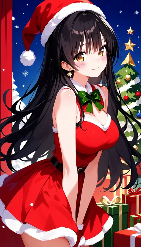 best quality, high resolution, 8k, alone, ((blush:1.5)), (ayui 、 long hair on background、 black hair、 gradient eyes, large breasts), happy smile, christmas dress, christmas hat, mini skirt, christmas background, christmas dinner, christmas prsent