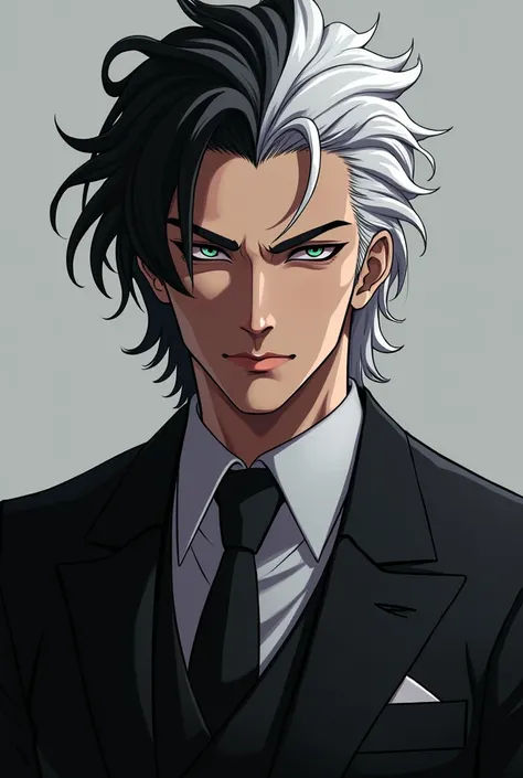 Here’s the refined description based on your request:

A man aged 36-40 with black-and-white hair, sharp chiseled features, and piercing eyes that exude authority. His calm demeanor and intense gaze create an overwhelming aura of power, making others feel ...