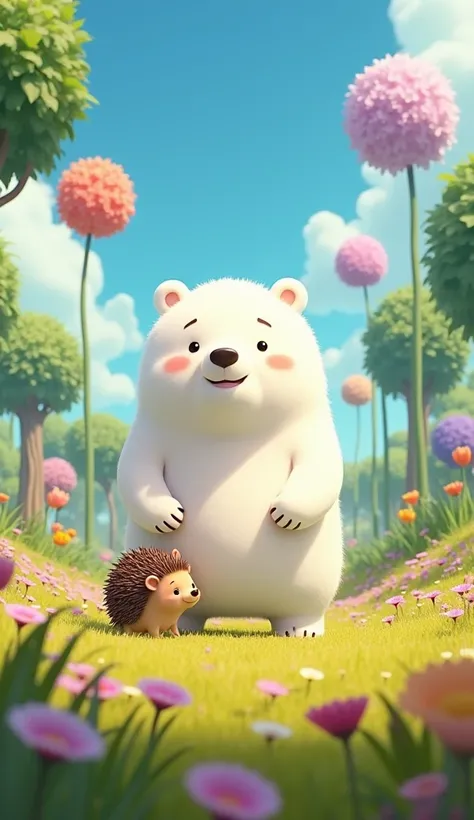 A white bear named BEPO with his friend the hedgehog in the field with trees and huge flowers blue sky white clouds animated 