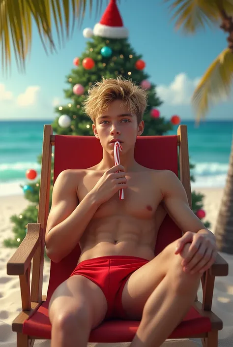 Aesthetic young teen boy, no shirt, tan skin, blonde hair, red speedo, lying beach chair, Christmas tree behind chair, wearing a Santa cap, sucking on a candy cane, ocean waves background 