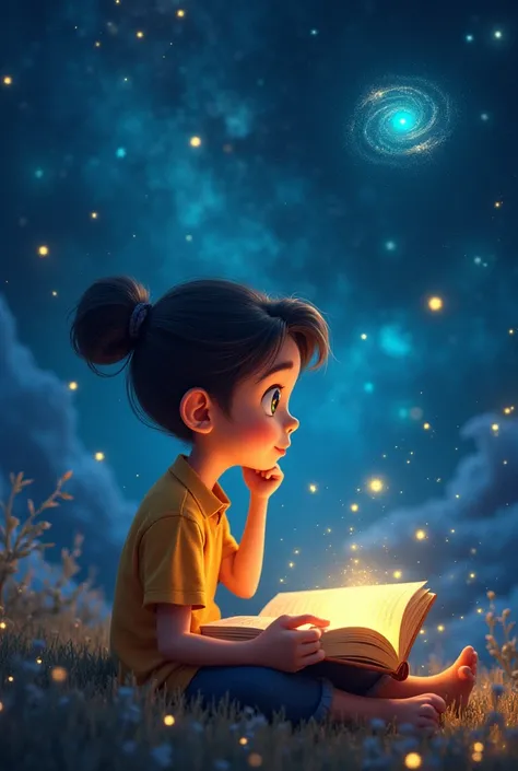 Animated reader seated observing the universe and holding a book