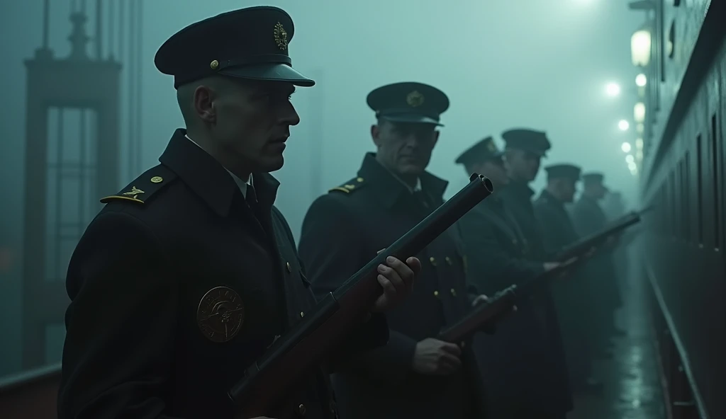 British thugs and criminals on board the ship. They have guns in their hands and caps with a visor on their heads. They are dressed in the style of the early 20th century. Thick fog. White lighting. Night