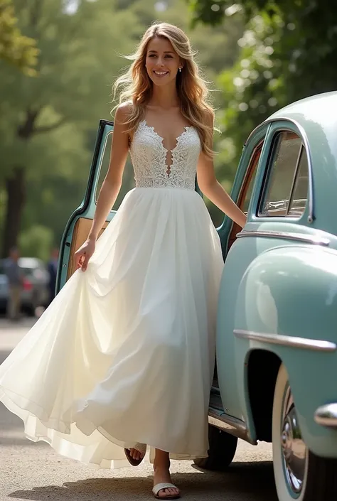  A bride getting out of the car wearing a white dress, With flip flops