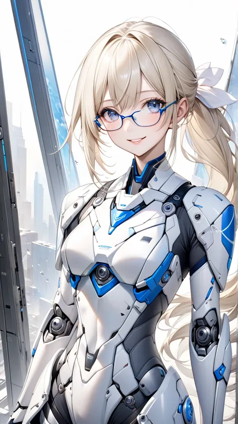 solo。
  realistic drawing。 high image quality。 High Quality 。 Digital Painting 。Pale colors。

（Beauty、 Slender。）
（Transformation Hero、 Battle Suit 。）
（ platinum blonde :1.5、 low ponytail）
（Droopy eyes。 blue and gray gradation eyes。 Underrim Glasses、RECTANG...