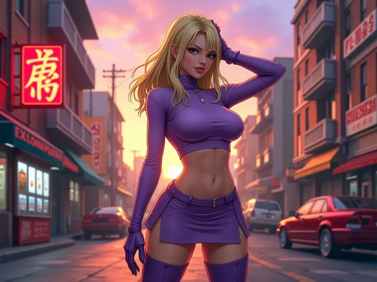 A bold and stylish reimagining of Shermie from The King of Fighters, with flowing, shoulder-length blonde hair that adds a fresh twist to her iconic look. She stands confidently in an open urban setting, wearing her signature outfit: a tight lilac crop top...