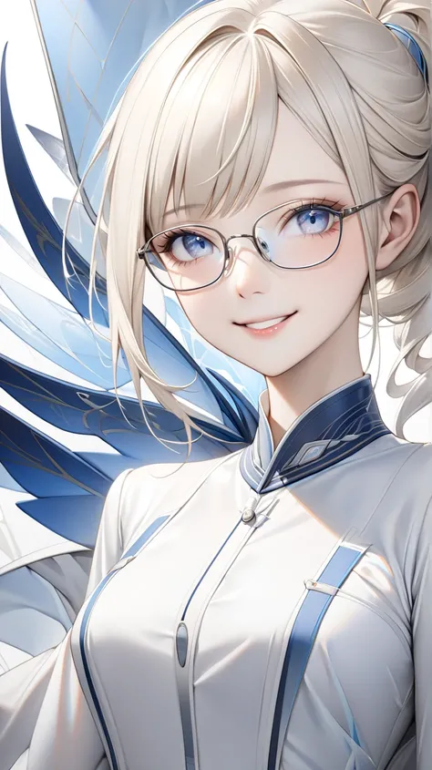 solo。
  realistic drawing。 high image quality。 High Quality 。 Digital Painting 。Pale colors。

（Beauty、 Slender。）
（Transformation Hero、Squadron。）
（ platinum blonde :1.5、 low ponytail）
（Droopy eyes。 blue and gray gradation eyes。 Underrim Glasses、RECTANGLE ）
...