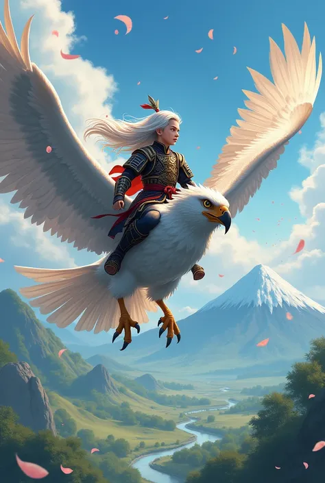 Boy samurai with white hair riding an anime falcon