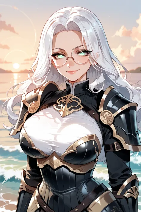 girl, beautiful,  very detailed ,  white hair, white eyes,  general of the armed forces, Circle glasses,  beautiful face, cheerful and happy face , black slayer armor , sunrise,  big breasts,  greeting with a wave of his hand