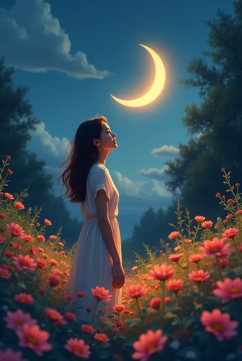 *Growing*
Create an image of a woman standing in a flower garden, with the Crescent Moon visible in the sky. The woman should be smiling and looking up, with an attitude of hope and optimism. The moon should be quarter-lit, with a soft, warm light illumina...