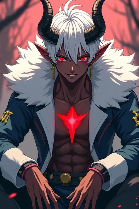 "Stunningly detailed anime sketch of a solo ((Muscular)) dark-skinned demon boy with white hair and red eyes. He exudes maturity and has striking black horns and angel hello. Dressed in yeti jacket clothes, including a white jacket, he resembles a dark pri...