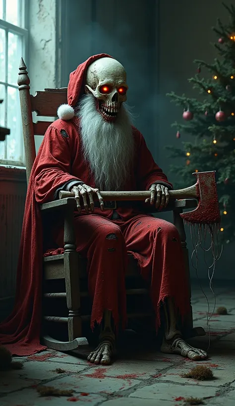 A terrifying, horror-inspired Santa Claus sitting in an old, creaky rocking chair in the corner of a dimly lit, decaying living room. His skin is pale and decayed, with dark veins pulsing beneath the surface. His eyes are deep-set and glowing red, filled w...