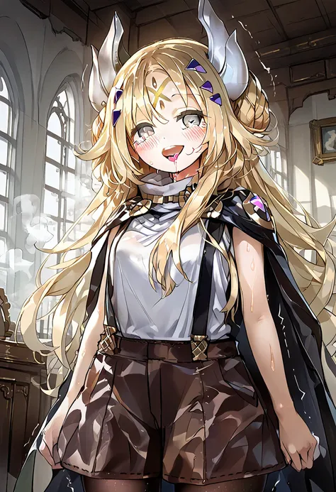 (character focus:1.2), cowboy shot, looking at viewer, (square eyes, very big eyes:1.2), beautiful detailed eyes, BREAK, (blush smile:1.2), 1female is ecclesia,blonde hair,bangs,grey eyes,forehead mark,hair ornament,horns, white shirt,suspenders,sleeveless...