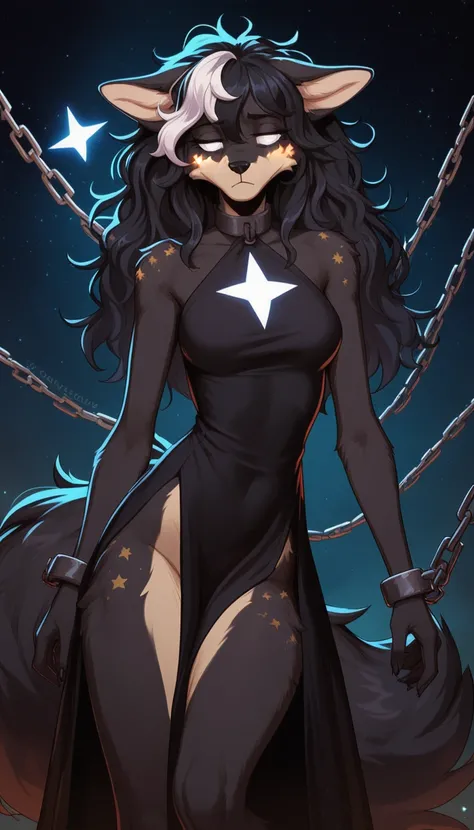 tired expression, 1girl, furry, fur, fluffy fur, (celestial being), black body, glowing star markings, black hair, (white highlights), solid white eyes, long black hair, Messy hair, (19 years), thighs, solo, (dream-like realm), detailed, black split dress,...