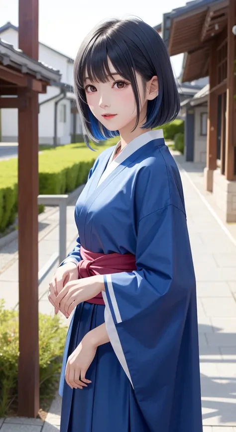  elementary school girl、Shrine Maiden Costume、 blue hair、shrine、 short hair