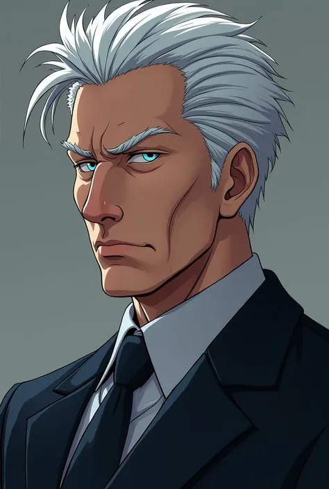 Here’s the refined description based on your request:

A man aged 36-40 with 
white hair, sharp chiseled features, and piercing eyes that exude authority. His calm demeanor and intense gaze create an overwhelming aura of power, making others feel pressured...