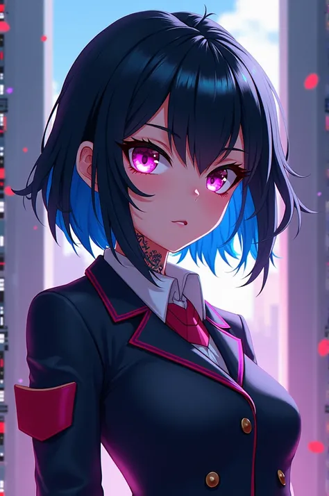 My Hero Academia Template 

A black haired girl with blue tips and light magenta eyes with small tattoos on her neck and uniform 