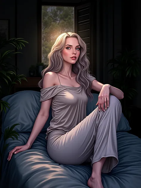 (photorealism:1.2), beautiful woman, sitting on bed, wearing loose off-shoulder top, pajama pants, long curly hair, indoors, soft lighting, plants in background, window with sunlight, cozy room, relaxed pose, realistic, intricate details, warm colors, by G...