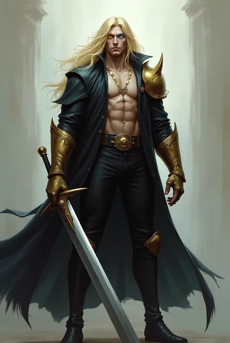  a blond man with long hair ,  pants with the left eye being totally yellow and the right eye being light blue, wearing a black overcoat and black pants, carrying a large sword and gold armor on his left arm.