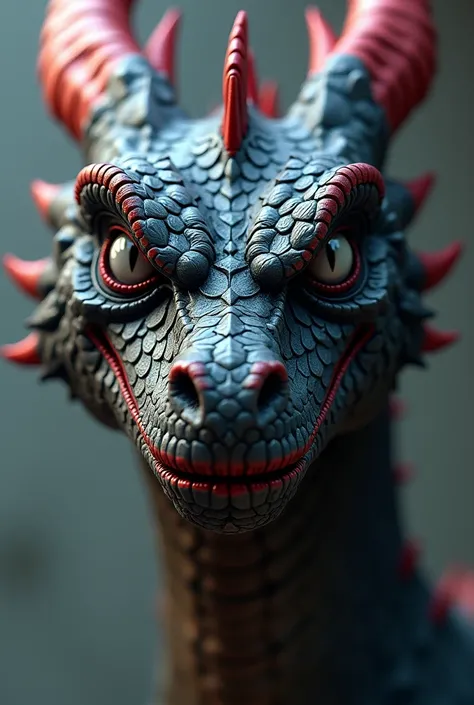  Dragons face from the front, tilted downwards with an eye to the center, black with red color, gray eyes, Impose yourself annoying look realistic image