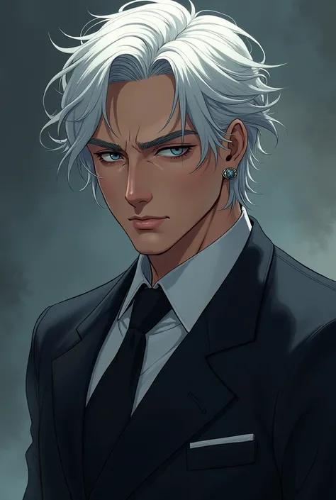 Here’s the refined description based on your request:

A man aged 36-40 with 
white hair, sharp chiseled features, and piercing eyes that exude authority. His calm demeanor and intense gaze create an overwhelming aura of power, making others feel pressured...