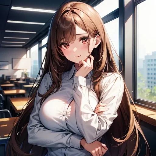  A beautiful lady with long eyes , brown and brown .,  Giving a pure and good girl vibe., shy girl, office, your modern,  upper body 