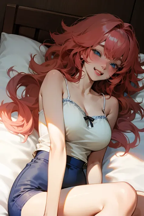 Mereoleona 、bangs,grin,long hair,  cowlick at the top of the head 、Big Breasts ,  blue eyes,  Thighs、  white camisole tops、Dutch angle ,  and blushing , Anatomically Correct , Lying  on a bed, sleepy