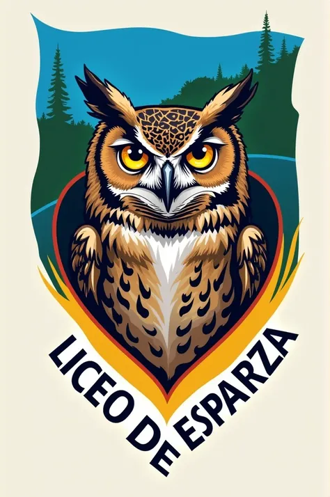 Flag of Esparza blue green yellow canton of Puntarnes in Costa Rica behind a heart that holds an owl inside its heart says Liceo De Esparza 