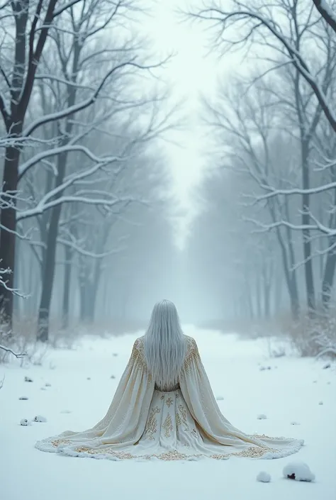  image of a snowy forest , where is a man with very long white hair up to the waist and wearing white magic clothes, light and embroidered with gold ,  sits in the snow with his back to us . He got cold 

