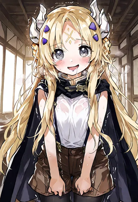 (character focus:1.2), cowboy shot, looking at viewer, (square eyes, very big eyes:1.2), beautiful detailed eyes, BREAK, (blush smile:1.2), 1girl is ecclesia,blonde hair,bangs,grey eyes,forehead mark,hair ornament,horns, white shirt,suspenders,sleeveless,c...