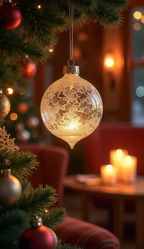 Give a beautiful Christmas ornament from above、Sparkling Light 、candle、Beautiful interior