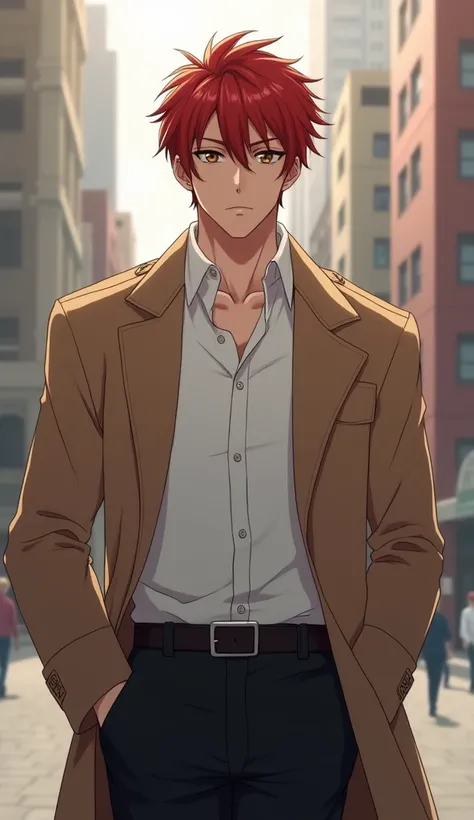   Man between 30-35 years old, red hair,messy hair,  showing the forehead , brown eyes, strong body,  light smyle , trench coat, white blouse and black pants, in the city [[[  high quality ]]][[[ tall details ]]] Ultra HD,   High resolution , anime style, ...